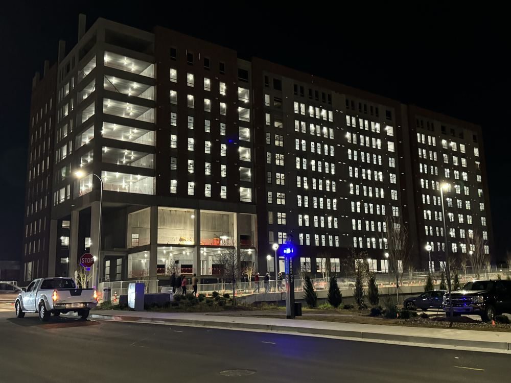 Completed multi-story commercial building at night, Columbia, SC